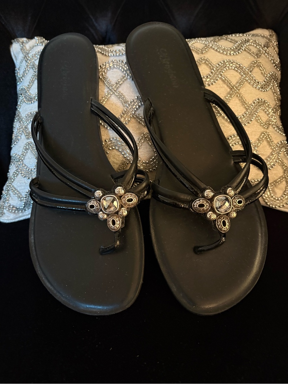 Brighton Black Jeweled Thong Sandals